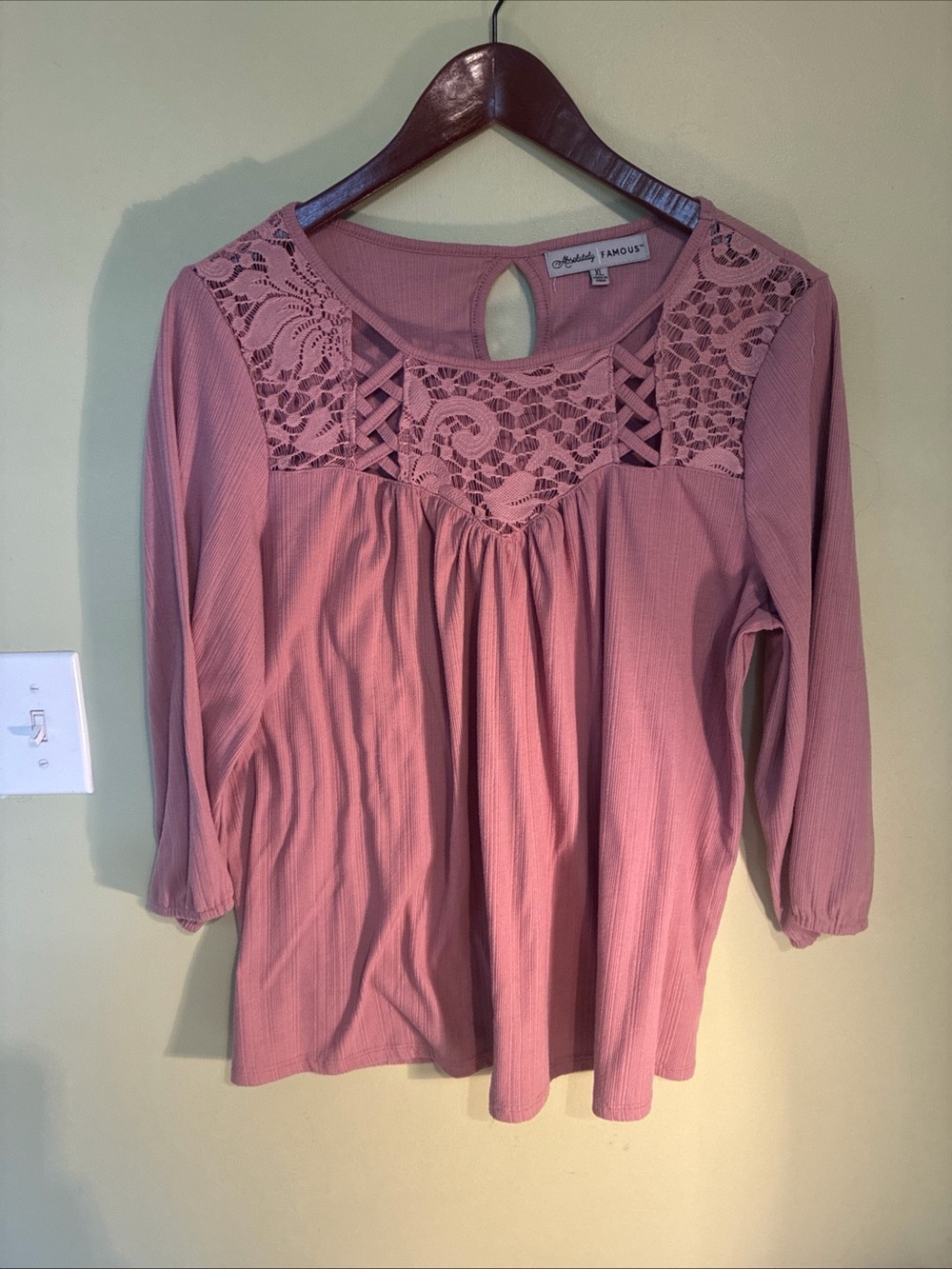 Absolutely Famous Mauve Lace Yoke Peasant Blouse